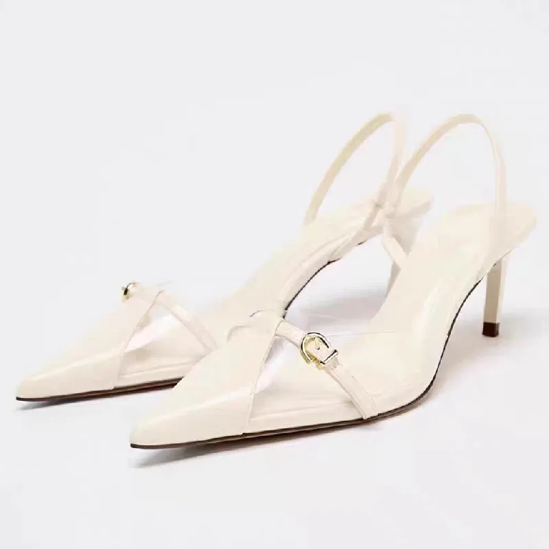 

Fashion PVC Transparent Pumps Women Luxury Metal Buckle Decorated Slingback Stiletto Sandals Sexy Pointed Toe Party Dress Shoes