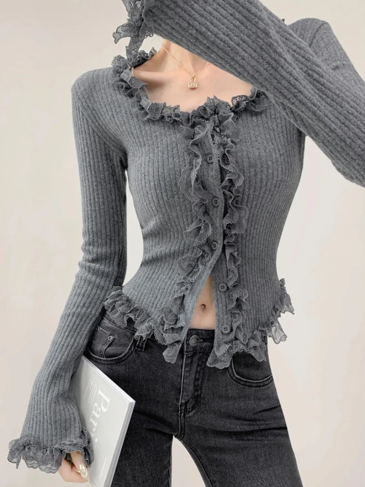 

2025 женские короткие стильные тонкие топы в стиле ретро, однобортный кардиган с квадратным воротником, кружевной край, вязаный свитер с длинными рукавами