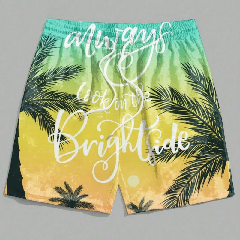 3D Printing Gradient Coconut Tree Short Pants For Men Fun Plants Pattern Swim Trunks Summer Quick Dry Loose Casual Beach Shorts