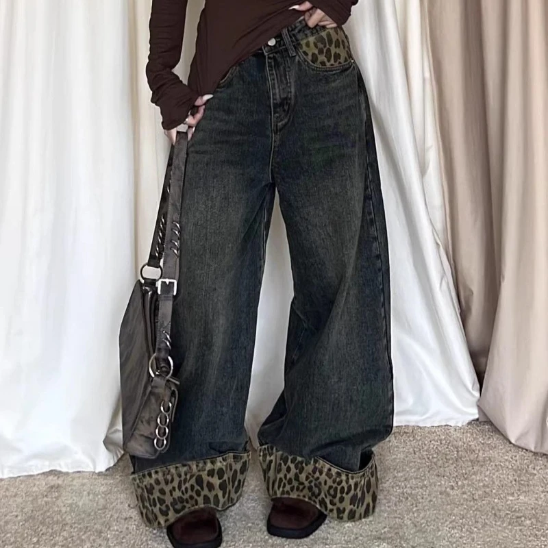 الأمريكية خمر ليوبارد لصق جان توالت حافة زر جيب فضفاض عالية الخصر الكاحل طول السراويل الشارع نمط امرأة الخريف #3