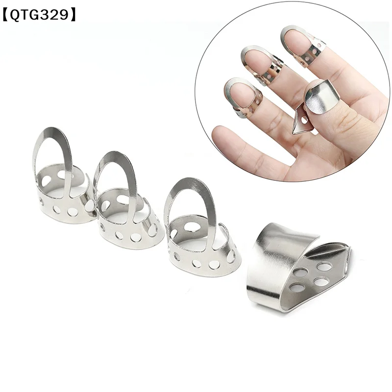 【QTG329】4pcs Adjustable Fingerpicks Acoustic Guitar Banjo Pick Plectrum Silver Stainless Steel  guitar finger perforated paddle