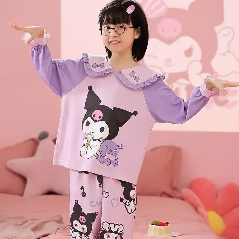 ملابس نوم أنيمي Kawaii Kuromi Cinnamoroll ، ملابس بقلب جرلي ، ملابس منزلية لطيفة من ميلودي ، قميص بأكمام طويلة ، سراويل ، بيجامات ، لعبة