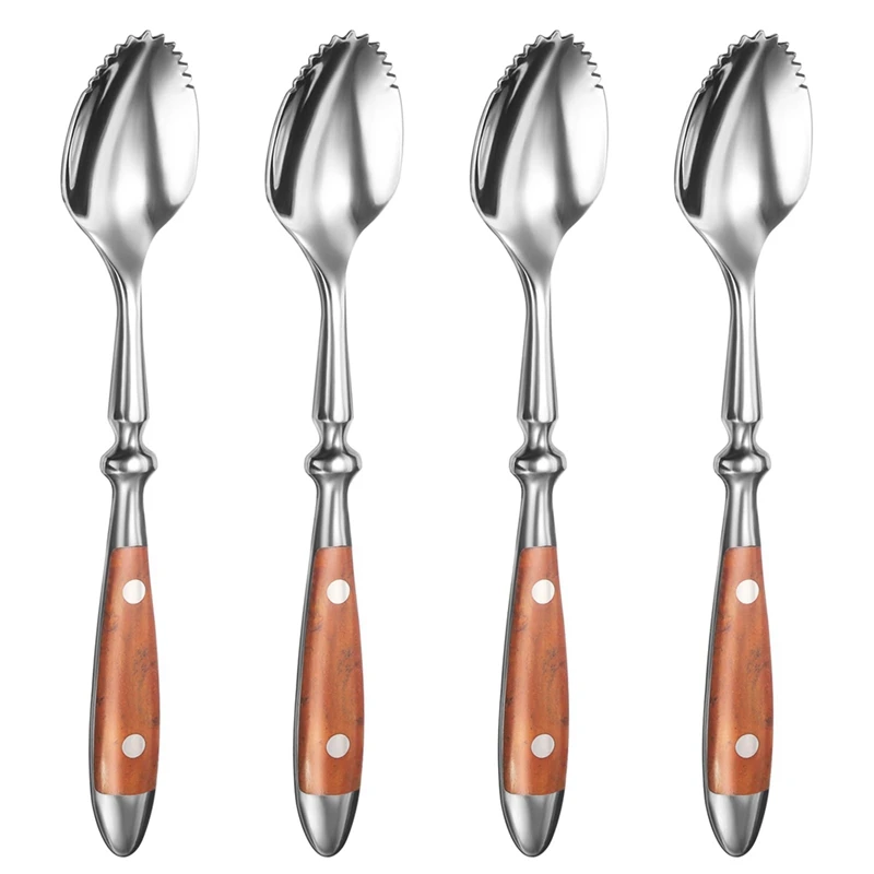 Grapefruit Spoons Set Kit 4PCS Serrated Grapefruit Spoon, Stainless Steel 18/8 Fruit Spoon Kiwi Spoon Kit With Wood Handle