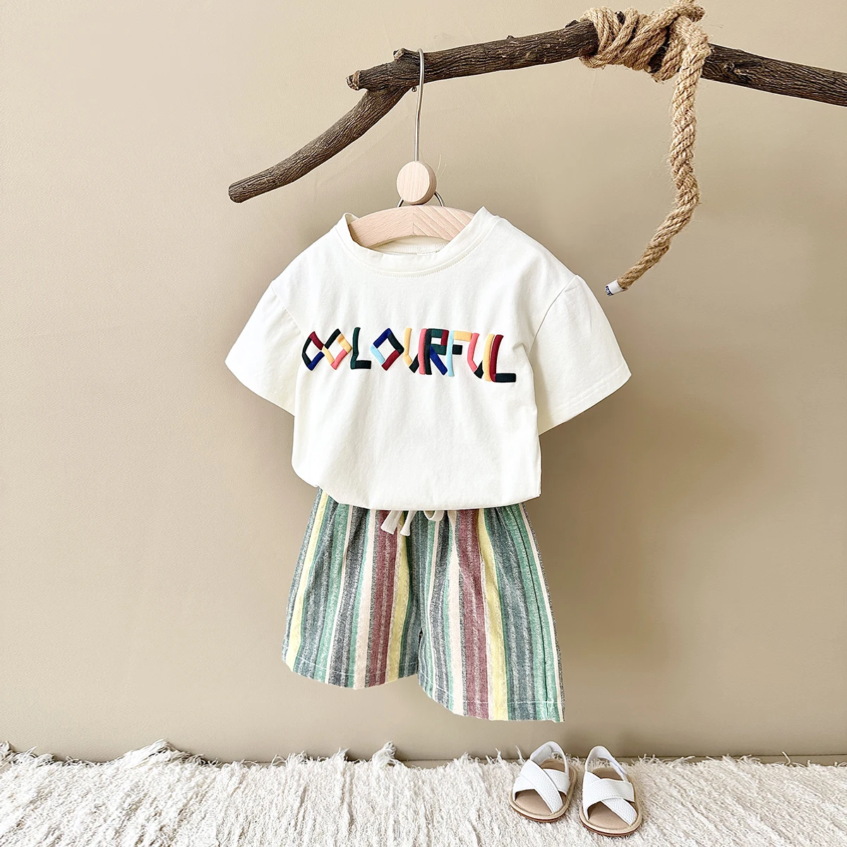 Summern New Baby Clothes Boys Casual Letter Puff Print Short-sleeved T-Shirt +Striped Shorts Sets  Children Kid Outfit Set