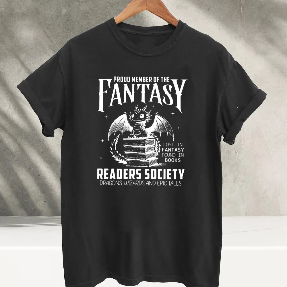 Fantasy Readers Society Dragon Book Lover T-Shirt Black Crew Neck Short Sleeve Relaxed Fit Wizard Magic Gift Bibliophile Tales T