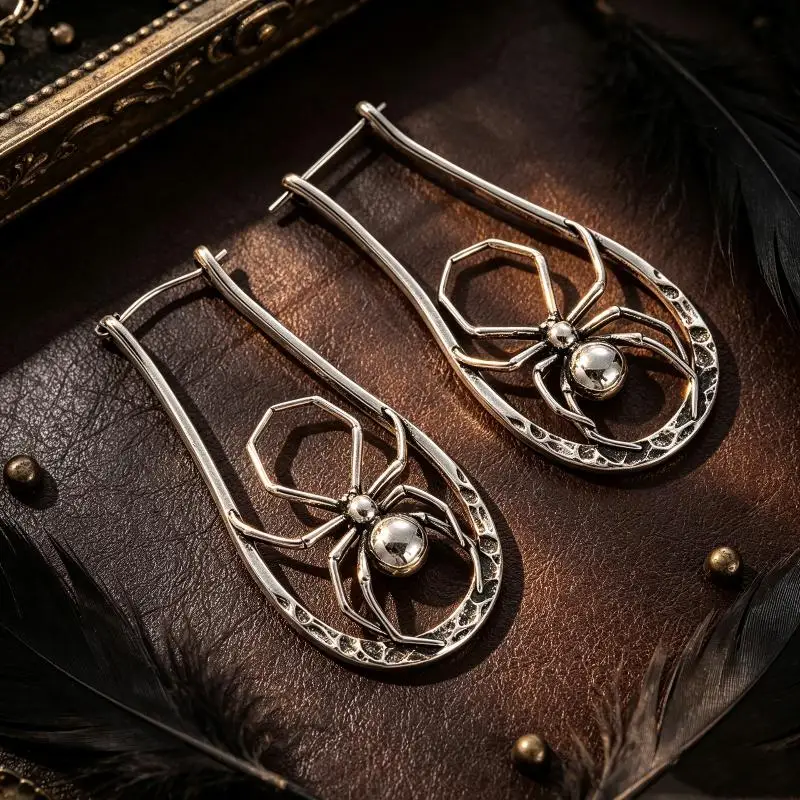 Vintage Gothic Spider Hoop Earrings Antique Silver Hollow Teardrop Ear Buckle Punk Jewelry For Halloween Party Daily Women Wear