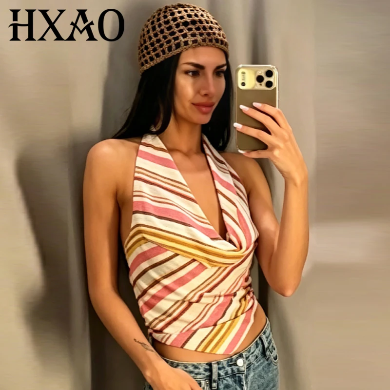 HXAO Gestreiftes Satin-Neckholder-Top für Damen, Sommer 2026, sexy schulterfreies, rückenfreies Tanktop mit Schnürung, ärmellose Weste, schicke Strandtops