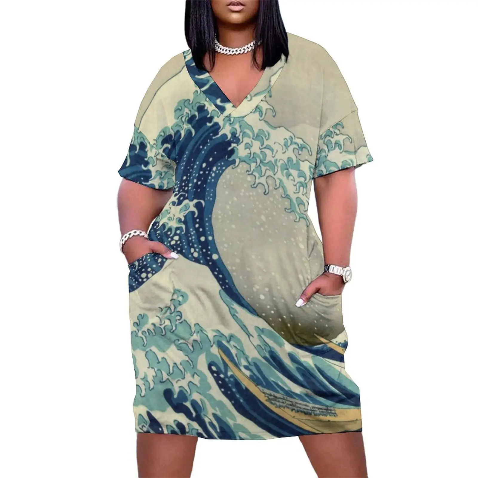 Mountains Casual Dress Summer The Great Wave Off Kanagawa Cute Dresses Female V Neck Graphic Street Fashion Dress Plus Size 5XL