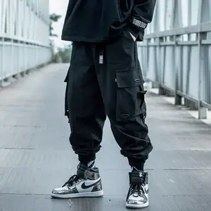 Triple pocket fashion strap cargo pants black