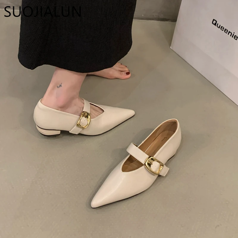 SUOJIALUN Women Flat Shoes Fashion Pointed Toe Shallow Slip On Ladies Dress Ballet Shoes Flat Heel Ladies Casual Mary Jane Shoes