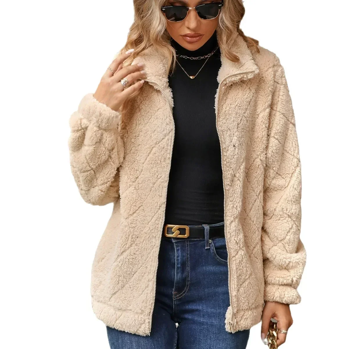 Chaquetas de Invierno para mujer, cárdigan de manga larga con cuello vuelto, abrigo de felpa a cuadros con cremallera, chaqueta de lana, Tops