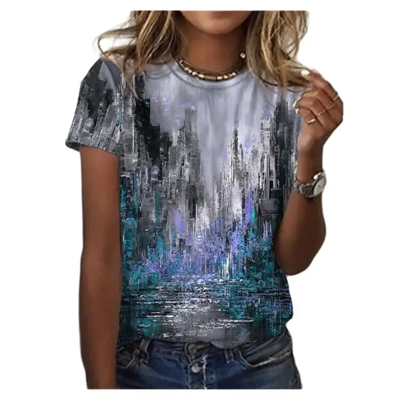 تي شيرت نسائي صيفي ort Sve ثلاثي الأبعاد مطبوع عليه زهور لوحة زيتية كاجوال مريح من القطن لربيع الخريف #3