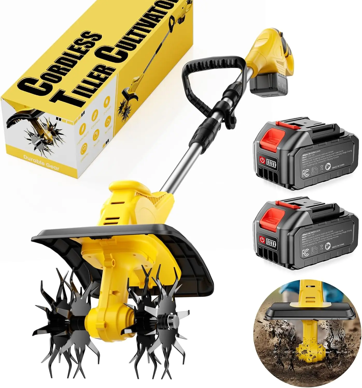 

21V Cordless Electric Garden Tiller with 2 Batteries, Fast Charger, 9" Width for Soil Cultivation