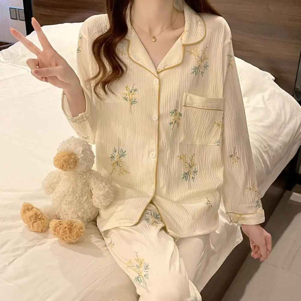 Women Loungewear Set Comfortable Stylish Women's Loungewear Set with Flower Print Pockets Elastic Waist for Fall Spring Seasons