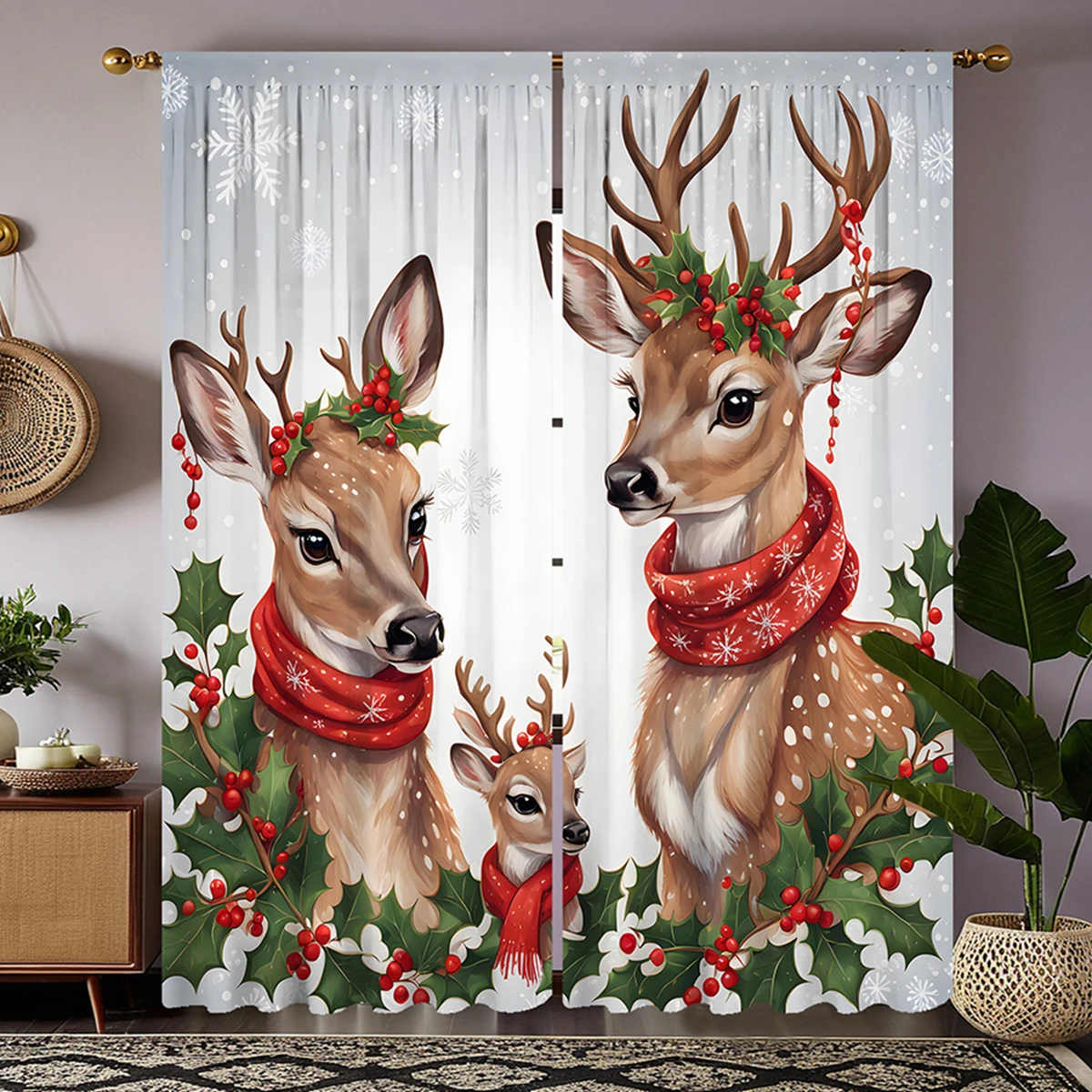 2pcs HD Three Christmas elk decorative curtains with red fruit Yellow tie digital printed curtains Home Decoration style Deco