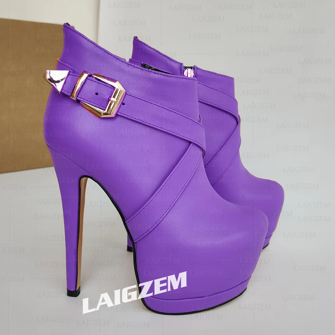 

LAIGZEM Women Ankle Boots Platform Round Toe Zip Up Thin High Heels Boots Black Handmade Ladies Shoes Woman Big Size 42 46 47