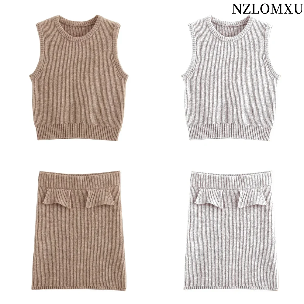 

2024 Summer Women 2-Piece Set Chic Stripe Stitch Knitting Pullover Bodice+Fashion Hip Stitching Straight Skirt Mujer