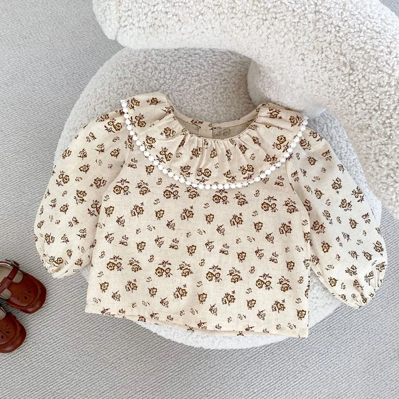 Autumn new 0-3 year old baby set baby girl ruffle collar floral long sleeved top+corduroy shoulder strap skirt