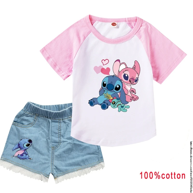 Cute Lilo And Stitch Clothes Kids Summer Vacation Outfits Girl Outfits Children Cartoon T-shirt Jeans Shorts 2Pcs Sets Best Gift