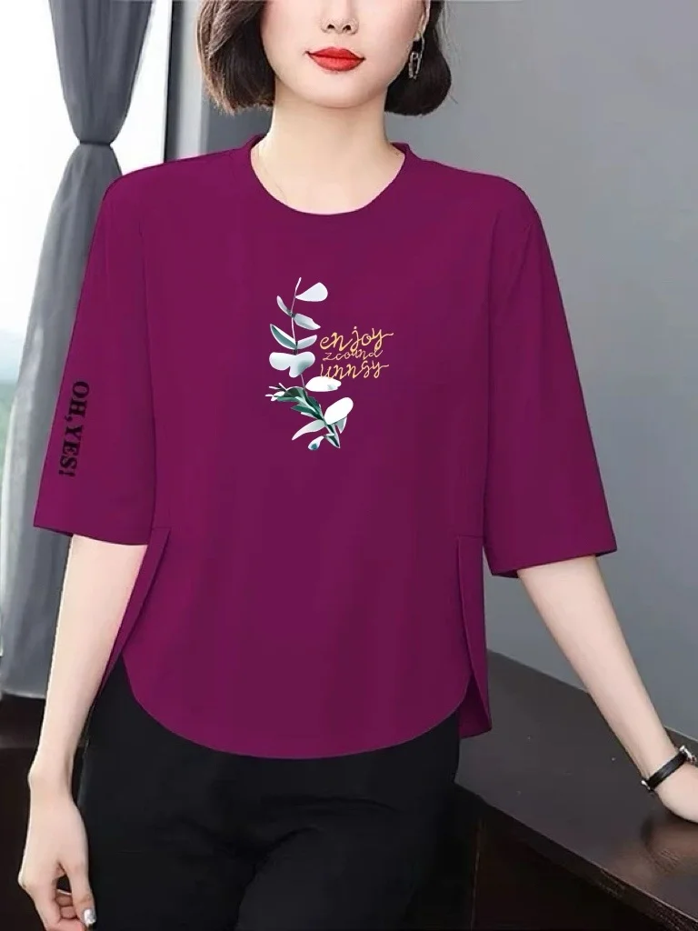 

Ретро-корейская свободная футболка с принтом для женщин среднего возраста, модный универсальный топ в стиле «мамочка», омолаживающий образ