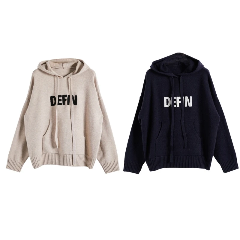 

Women Knitted Hoodie Sweater Long Sleeve Letters Hooded Sweatshirts with Pocket