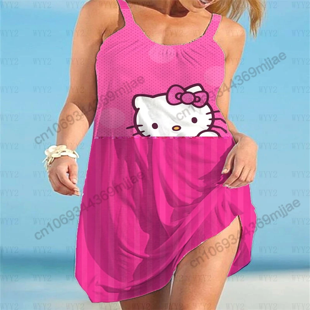 HelloKitty-Top redondo com pescoço para mulheres, camiseta feminina, vestidos de praia, roupas Y2K, camiseta Zevity, roupas de verão, 2023