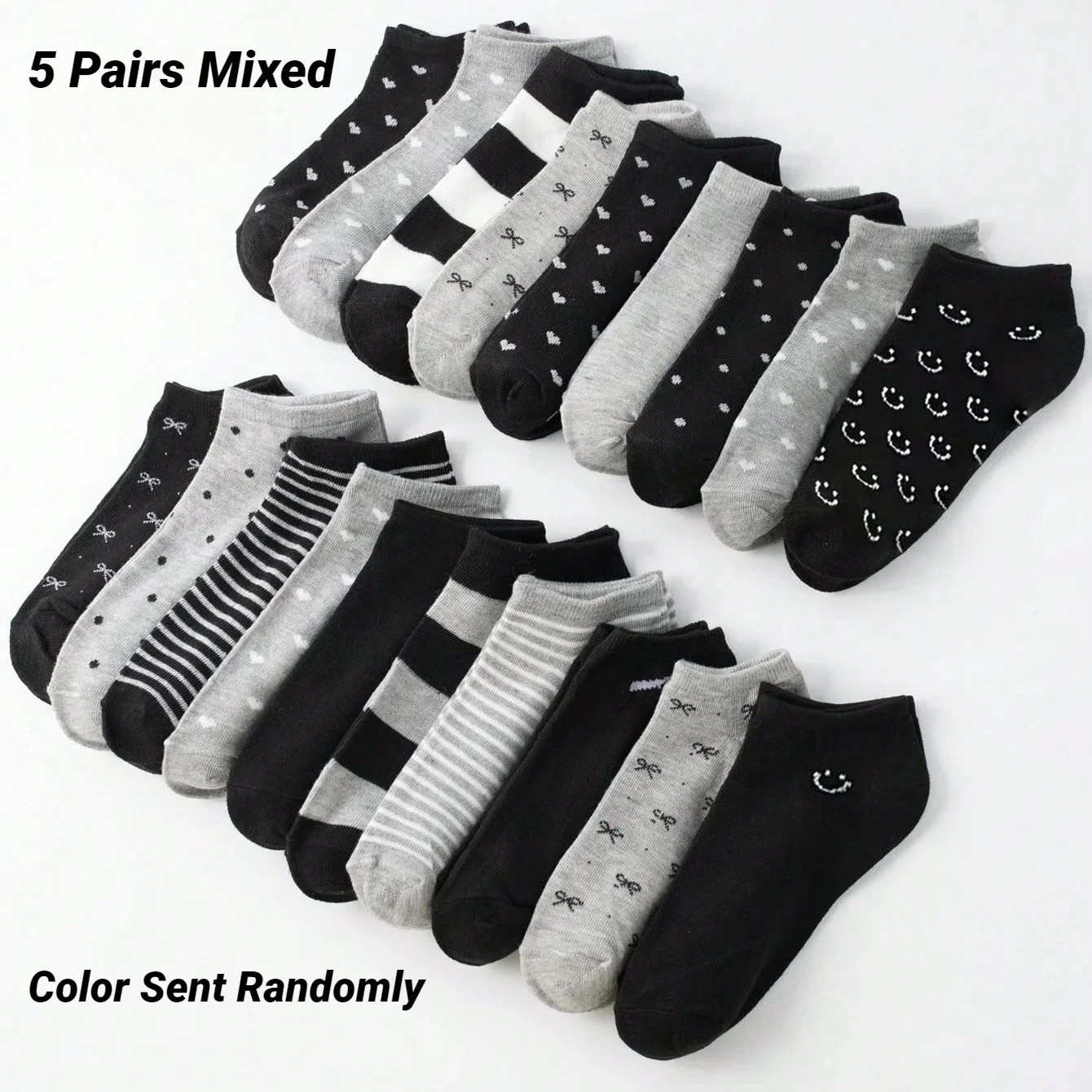 Unisex Bow Heart Stripe Print Short Ankle Socks Black Gray Series Family Matching Casual Daily For Men Women 5/10 Pairs