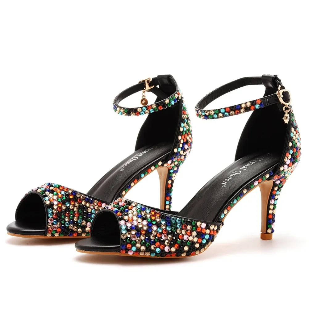 

7cm Fish Mouth High Heel Shallow Mouth Straight Buckle with Round Head Colored Water Diamond Fine Heel Sandals