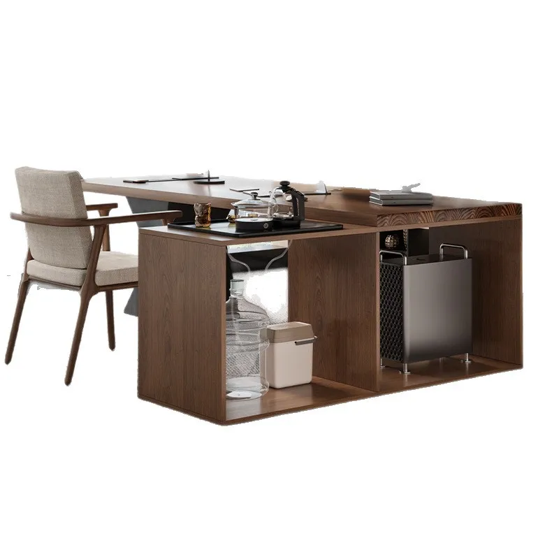 Modern solid wood desk with tea table, integrated simple boss table, light luxury, high sense of atmosphere,President's big desk