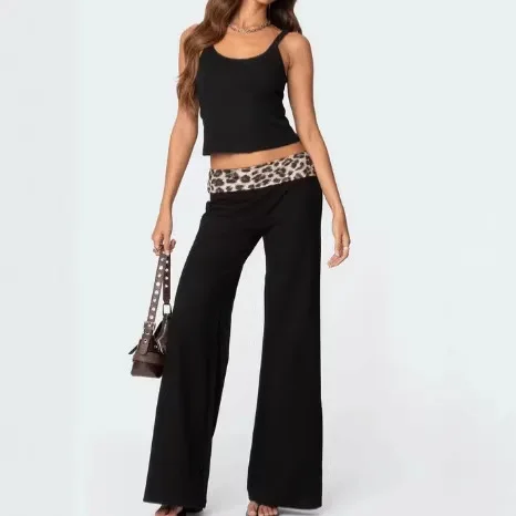Women's spring and summer leopard print stitching micro-flared high-waisted casual trousers