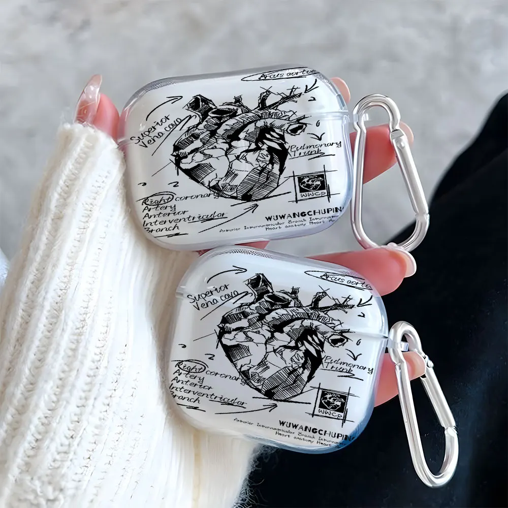 Art Heart Sketch Pattern Clear Earphone Case for AirPods 4/3/2/1 Earbuds Case For AirPods Pro 3/Pro 2/Pro TPU Protective Cover