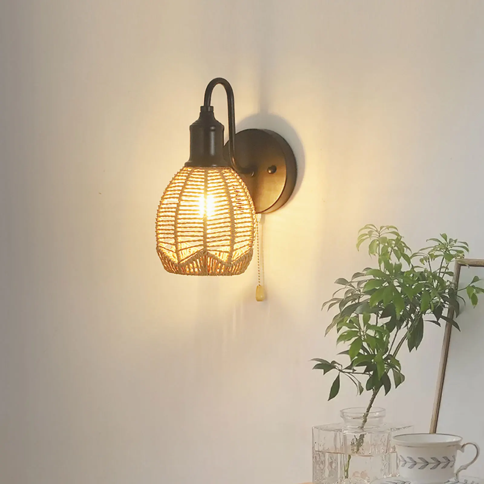 Wall Lamp E26 with Pull Chain Bedroom Rope Woven Wall Sconce Light Fixture