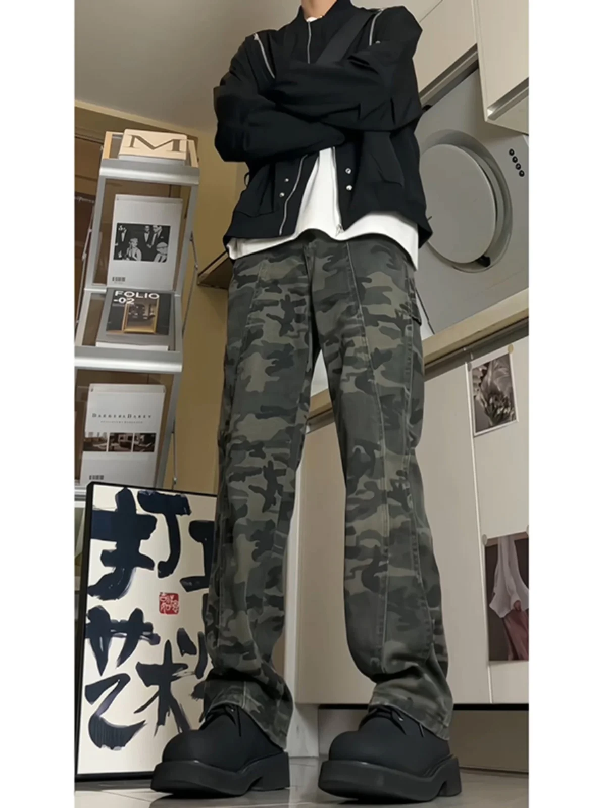 

American Retro Camouflage Men's Workwear Pants Spring High Street Design Logging Sle Vibe Straight Leg Casual Trousers