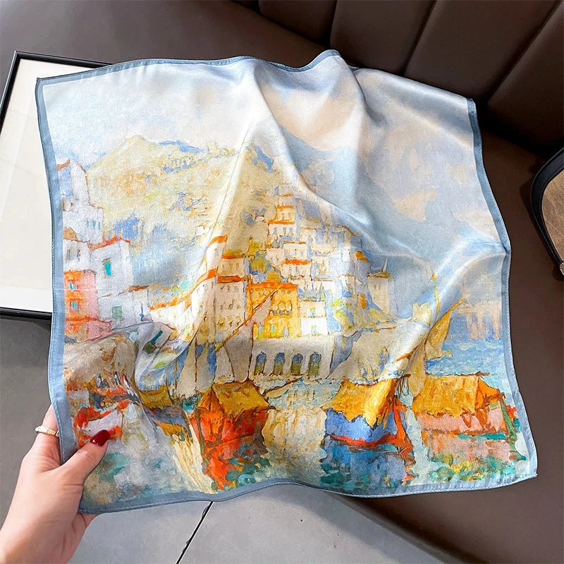 

100% Natural Silk Scarf for Woman Designer Blue Castle Print Bandana Foulard Female Luxury Square Neckerchief Neck Warmer
