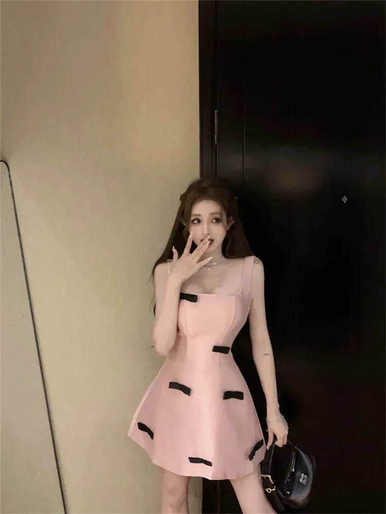 Princess Birthday Party Cute Bow Mini Pink Dress Elegant Suspender A Line Strap Dress Sleeveless Short Slash Neck Puffy Dress