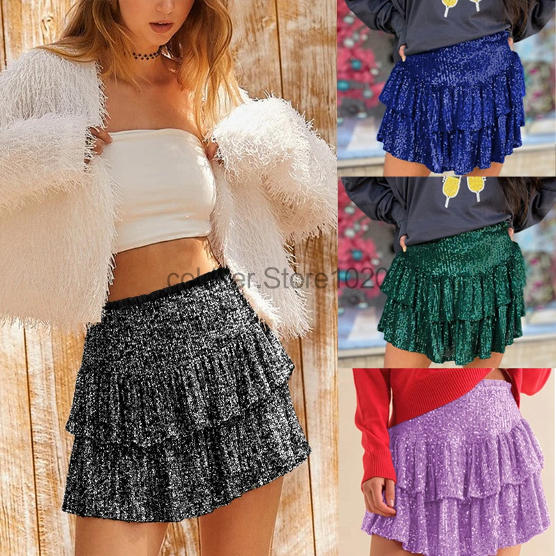 

New Women Summer Fashion Sequin Skirt Ladies Sparkly Cute High Waist Ruffle Flowy Shiny Glitter Mini Short Skirts