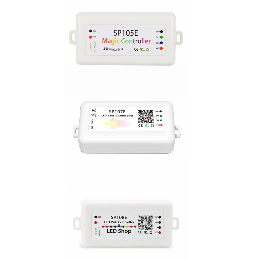 

SP105E, SP107E и SP108E индивидуально адресуемые интеллектуальные светодиодные контроллеры Bluetooth RGB, музыкальные контроллеры, 5–24 В постоянного тока с инте