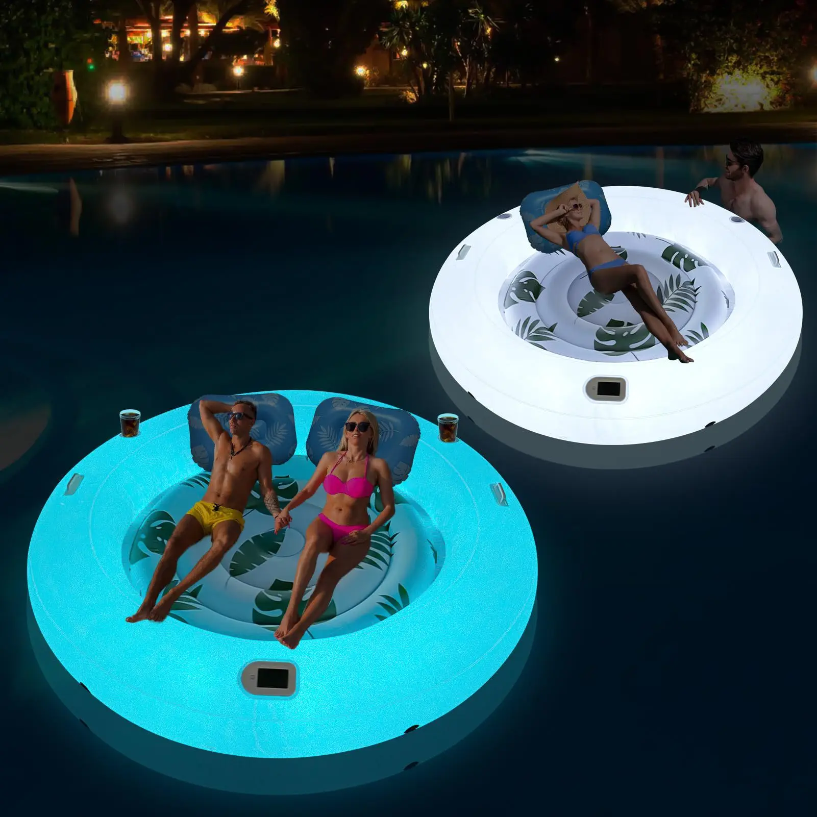 Water Inflatable Double Floating Bed Solar Light Luminous Tanning Pool Round Adult Lounge Chair LED Light