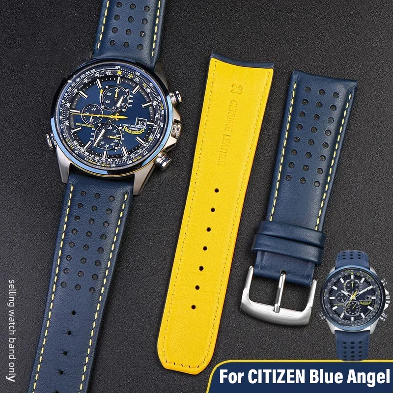 Correa de reloj de piel de vaca de 22mm y 23mm para reloj CITIZEN Blue Angel Radio Wave AT8020-54L/8020-03L/JY8078, pulsera amarilla con extremo curvo