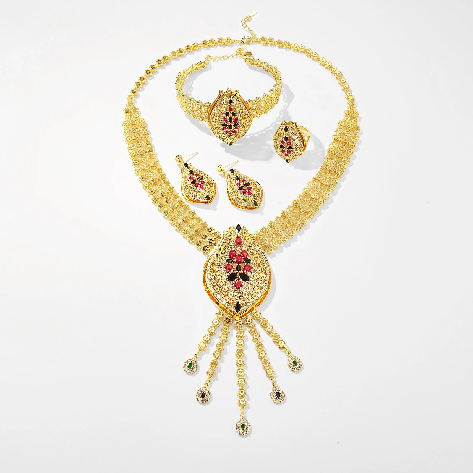 

HY Kuwait Nigeria Bride Necklace Bracelet Earrings Ring Jewelry Set Women Wedding Gifts Kuwait Nigeria