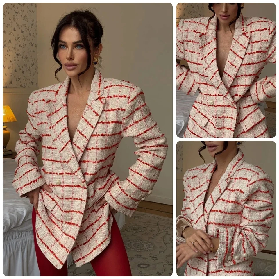 

2026 Spring Summer New Women Vintage Red White Plaid Tweed Fashion Elegant Desin Long Coat