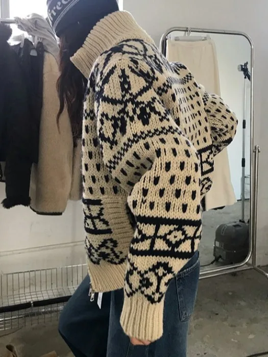 Korean Retro Pattern Thi Knit Sweater Jaet Women Winter New High Collar Double Zipper Knitted Open Cardigan Top