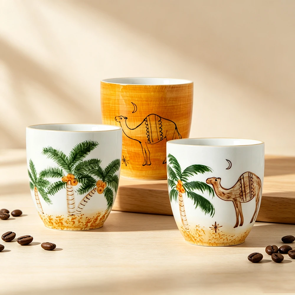 New Arrival Hand‑Painted Middle Eastern Style Ceramic Coffee Mugs, Arabic Palm Tree & Camel Tea Cups, Coffee Cups, 2 Pcs/Pack