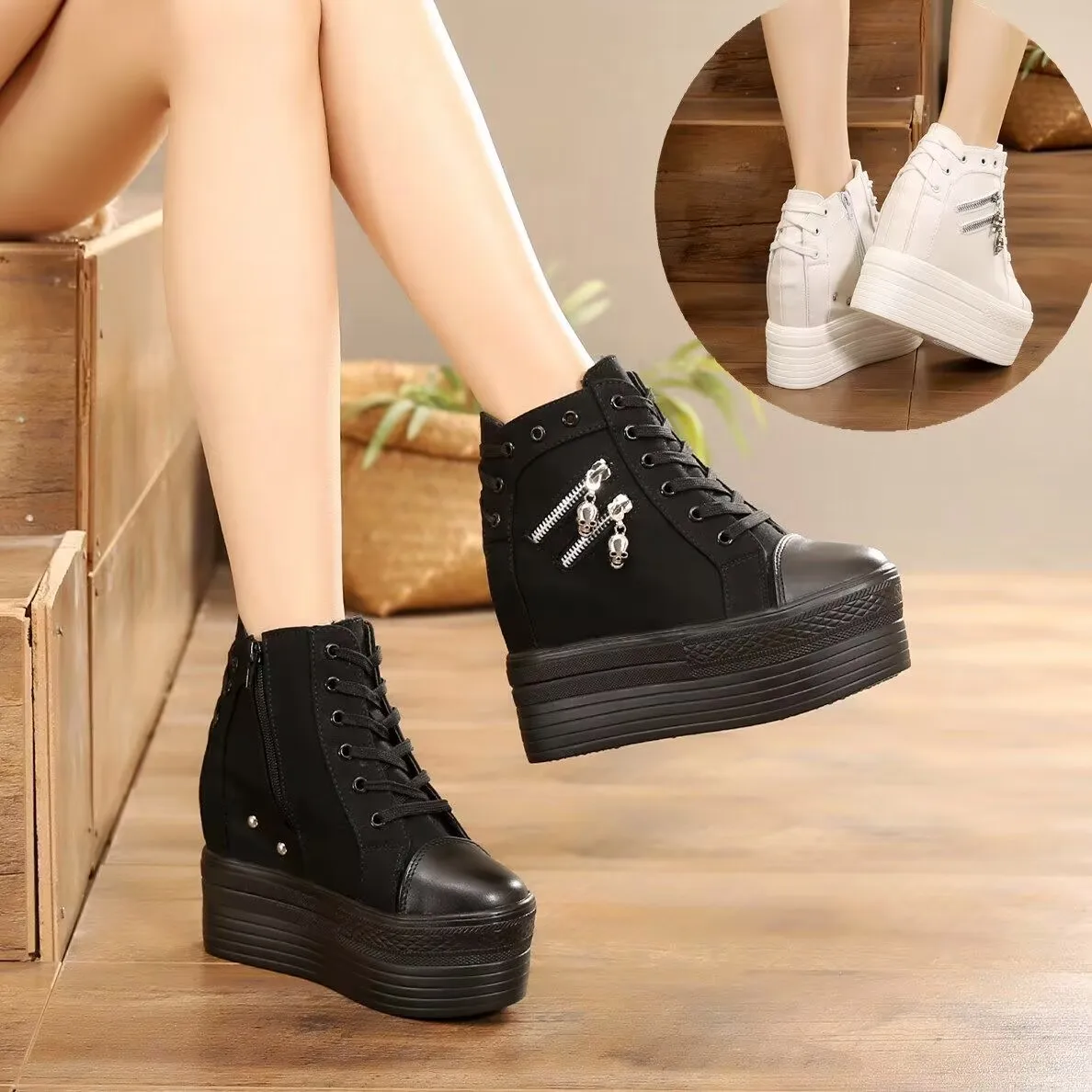 

High Top Women Sneakers Spring Autumn New Hidden Heel Casual Shoes Side Zip Women White Platform Wedge Rivet Shoes zapatillas