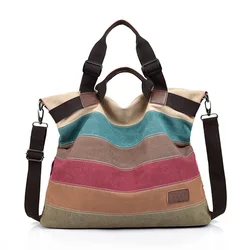 2024 Women Canvas Shoulder Bag Messenger Colorful Striped Female Crossbody Bags Vintage Ladies Handbag Woman Travel Tote