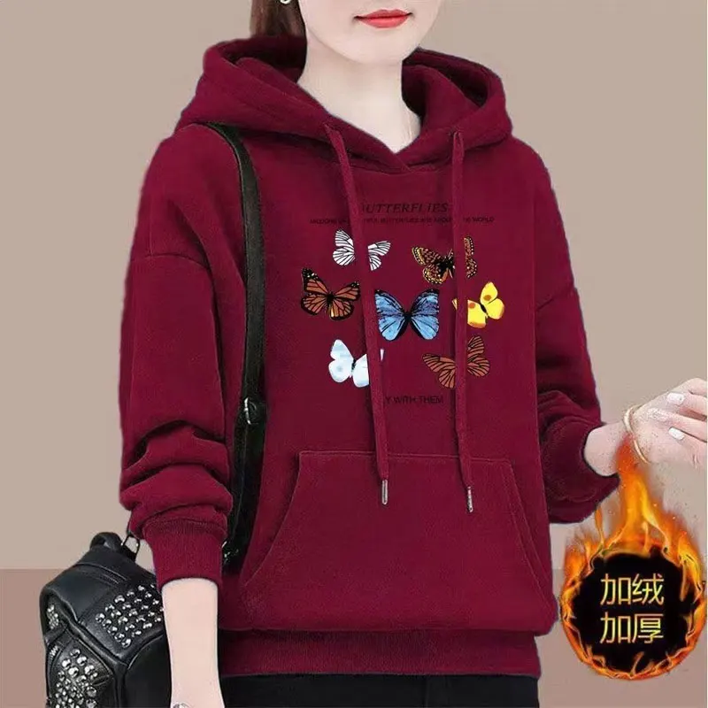 Damen bekleidung Schmetterling bedruckte Sweatshirts lässig Kapuze Herbst Winter dicke stilvolle Kordel zug Taschen koreanische Pullover neu