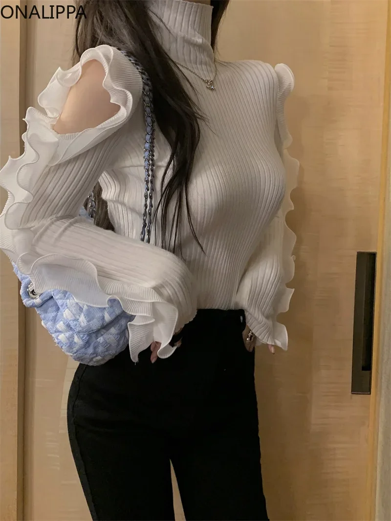 Onalippa Ruffles Turtleneck White Sweater Cut Out Long-sleeve Elastic Bottoming Sweaters Korean Fashion Sweet Knitted Pullover