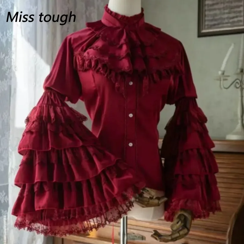 الشتاء اليابانية لوليتا نمط الصلبة النساء البلوزات نفخة الأكمام أنيقة الدانتيل قمصان Y2k الجمالية الحلو القوس JK الشيفون تصميم القمم #4