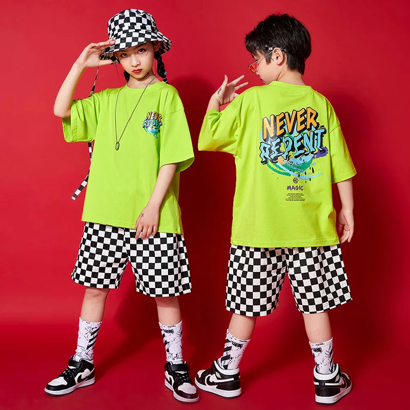 Disfraz de Hip Hop para niños, ropa de moda de pasarela, Gas extranjero, verde fluorescente, vestido de baile callejero de manga corta