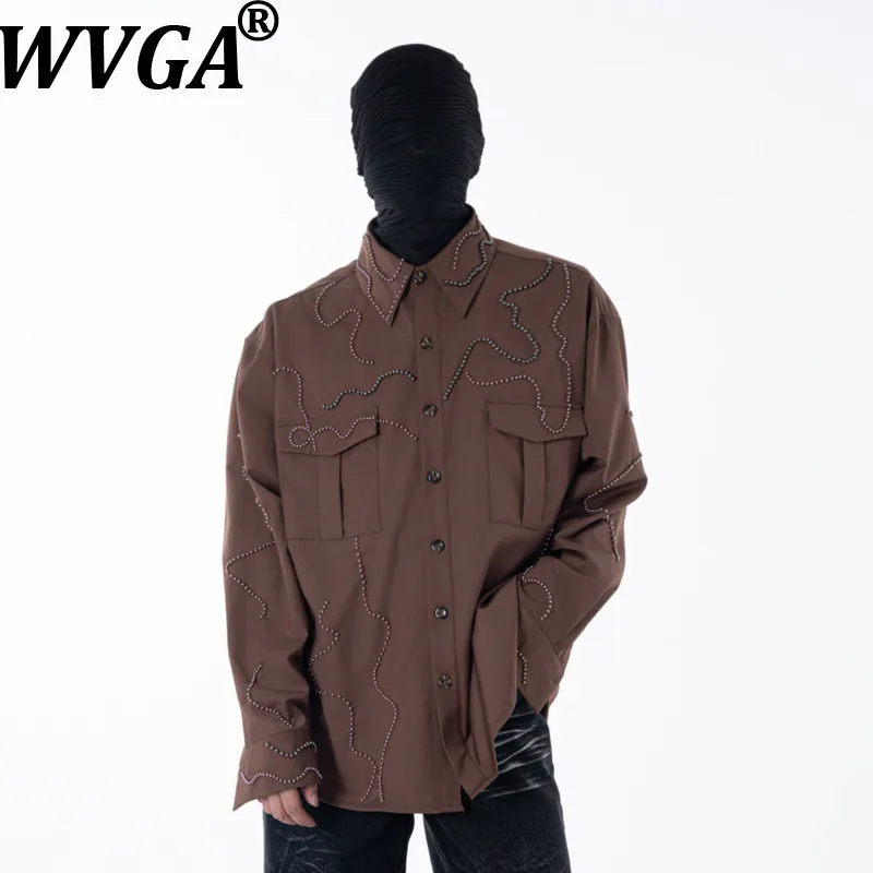 

WVGA Spring Autumn New Men High-end Design Heavy Beaded Trendy Long Sleeve Shirts Niche Chic Casual Turn-Down Collar Tops W18320
